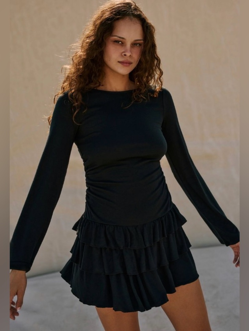 Free People-free-est ~ Good Feels Ruffle Long-Sleeve Mini Dress~Small~Black~*NWT